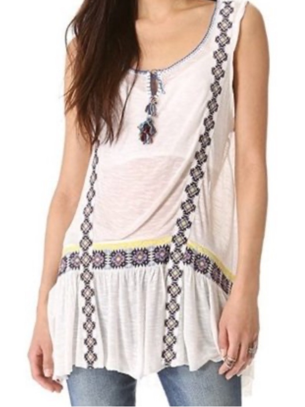 Free People White Sleeveless Embroidered Tunic or Dress with Tassel Tie